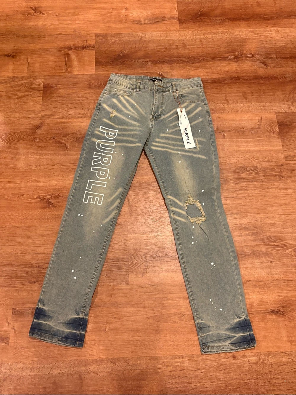 Men's Slim Straight Gray Denim Jeans with 'PURPLE' Side Graphic